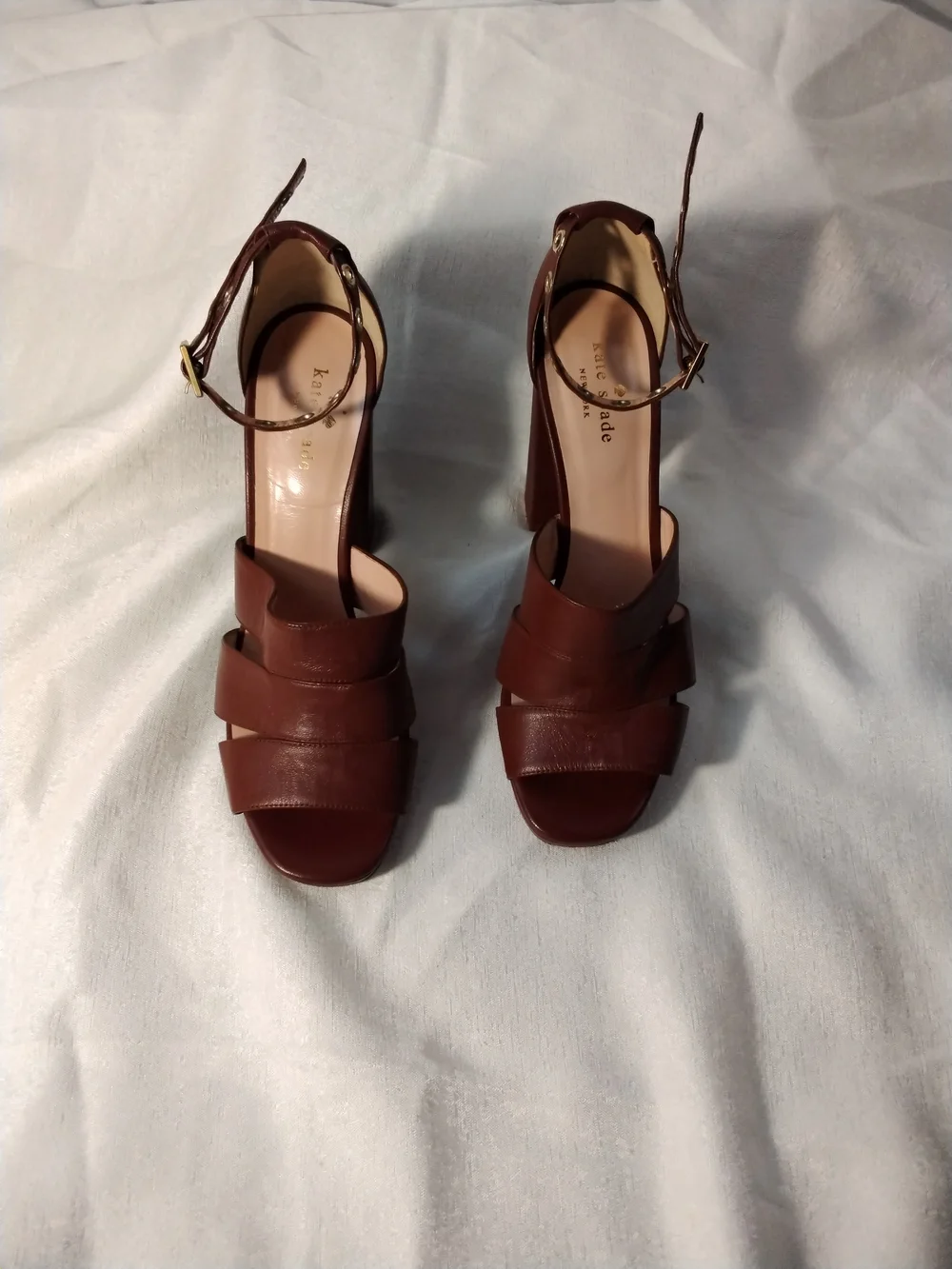 kate spade Brown Leather High Block Heel Sandals with Studded Ankle Strap